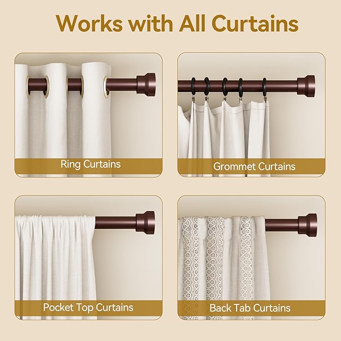 YaFex Curtain Rods 32-144 Inch, Heavy Duty 1 Inch Adjustable Curtain Rod for Windows, Bronze Extra Long Window Treatment Rods, Modern Design, Easy Installation