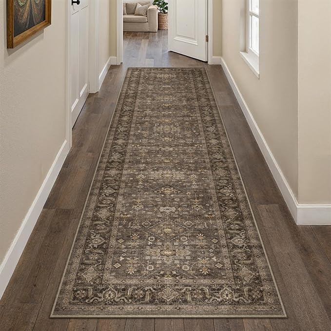 2x10 Washable Runner Rug for Hallway Kitchen Vintage Brown Non Slip Low Pile Carpet Traditional Retro Soft Throw Rug for Bathroom Bedroom Entryway Indoor Entrance