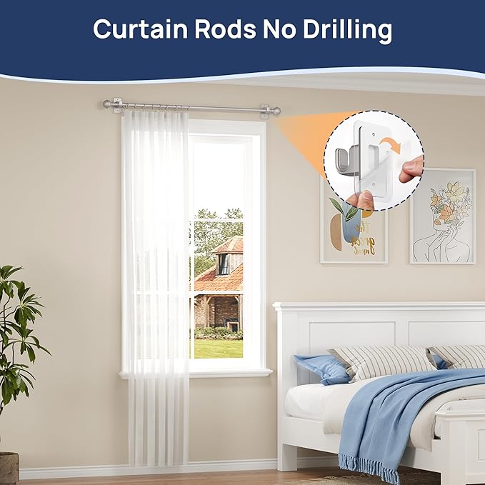 ENJOYBASICS No Drill Curtain Rods for Window 28 to 47 Inches, 5/8 Inch Diameter Renter Friendly Drapery Rod with Adhesive Brackets without Drilling, Adjustable from 27 to 52 Inches, Nickel