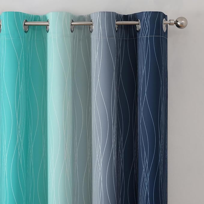 Estelar Textiler Navy Blue and Teal Blackout Curtains 72 Inch Length 2 Panels Set, Full Room Darkening Grommet Ombre Curtains for Bedroom, Thermal Insulated Light Blocking Gradient Drapes, 52Wx72L