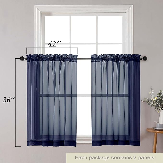 Cafe Curtains 36 Inch Length Tier 2 Pieces, Modern Soft Airy Sheer Kitchen Short Curtains for Small Window, Rod Pocket Small Curtain for Bathroom Basement, Navy Blue, Each, 42"Wx36"L Inches