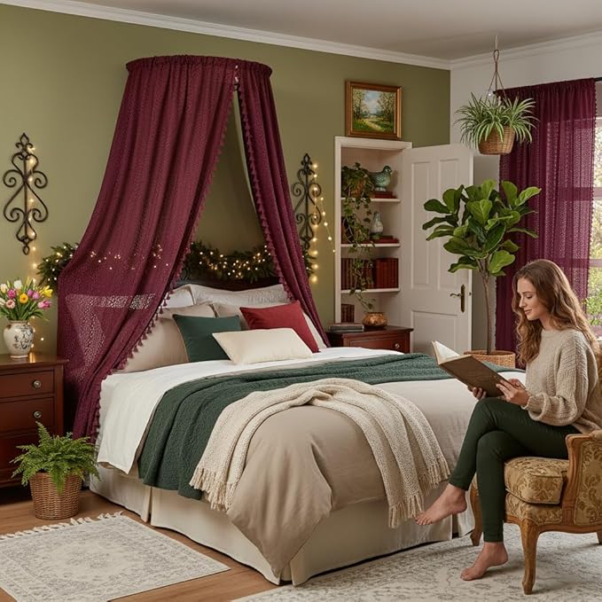 WAZZIO Boho Lace Curtains 84 Inches 2 Panel,Light Filtering Privacy Tassel & Geometry Crochet Semi Sheer Curtain Drapes for Bedroom Living Dining Room,Rod Pocket & Tassel,Burgundy Red