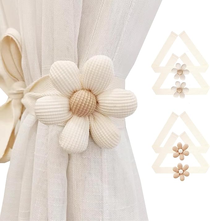 SRG 4PCS Curtain Tiebacks | Boho Flower Curtain Holdbacks | Simple Elegant Sunflower Curtain Holders | Boho Bedroom Decor（2Pcs Cream&2Pcs Khaki）