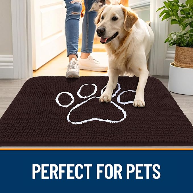 OLANLY Dog Door Mat for Muddy Paws 59x35, Paw Print Design, Absorbs Moisture and Dirt, Absorbent Non-Slip Washable Doormat, Quick Dry Chenille Mud Mat for Dogs, Entry Indoor Entryway Carpet, Brown