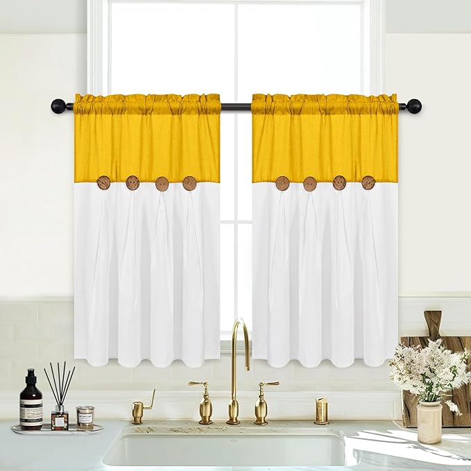FRAMICS Farmhosue Kitchen Curtains 36 Inch Length, Rustic Cotton Linen Tier Curtains, Boho Button Short Curtain for Windows, Rod Pocket Small Window Curtain, Yellow and White, 26x36