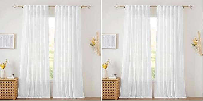 RYB HOME White Curtains Sheer - Linen Texture Sheer Window Covering, Light & Airy Translucent Panels for Bedroom Living Room Patio Glass Door, 52 inch Width x 95 inch Length, Set of 2 (Pack of 2)