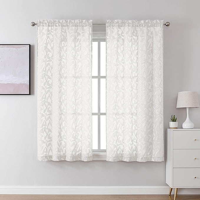 Lecloud Leia Ivory Sheer Curtains 45 Inch Length 2 Panels, Elegant Balance Light & Privacy Jacquard Textured Leaf Voile Curtains, Dual Rod Pockets Drapes for Bedroom Living Room, Each 28" W x 45" L