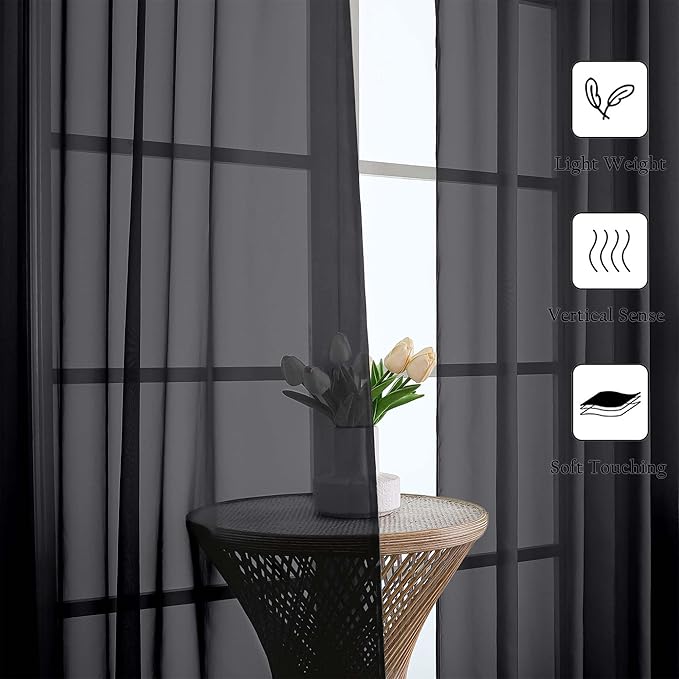 Lecloud Black Sheer Curtains 96 Inches Long 2 Panels, Solid Airy Voile Dual Rod Pocket Sheer Curtains, Light Filtering Privacy Window Curtain Drapes for Living Room Bedroom Balcony, 59" W x 96" L