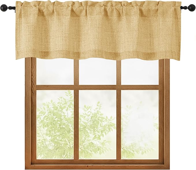 OWENIE Gold Valances for Windows 1 Pcs, Light Filtering Textured Farmhouse Short Small Valance Curtains for Bathroom Basement Living Room Bedroom, Rod Pocket Half Curtains Over Sink, 52Wx14L Inch
