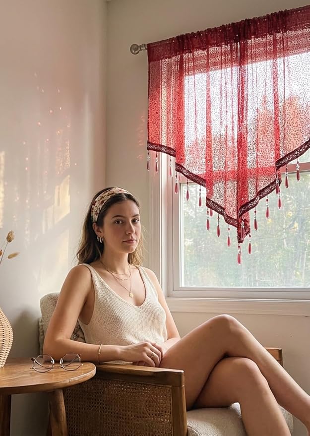 Molaxhome Swag Curtain 51 inch Length Rod Pocket Scalloped Curtain Valance Sheer Lace Panels with Hanging Crystal Beads for Kitchen Bedroom Window Treatments Drape Decor 1pc (Sequin Red, 51Wx23L)