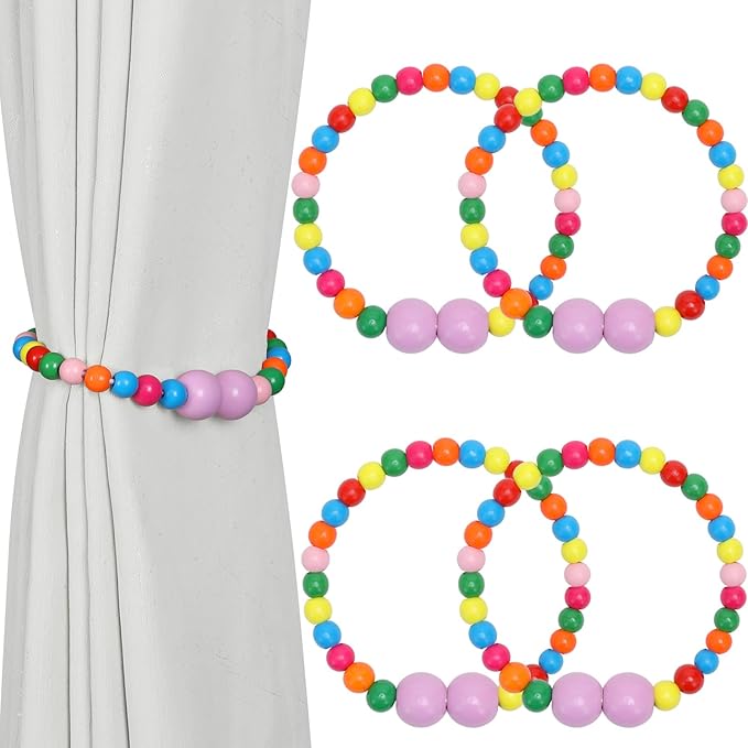 KLOGTSIND Magnetic Curtain Tiebacks, 4 Pack Curtain Holdbacks for Draperies, Wood Bead Curtain Tiebacks, Elegant Curtain Tie Backs for Bedroom Decor, Boho Room Decor, Nursery Decor, Farmhouse Décor