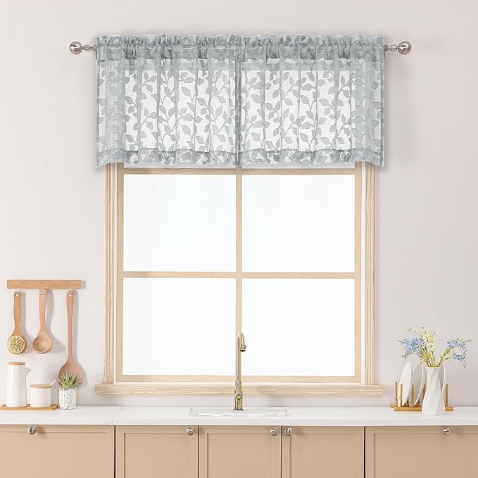 Chyhomenyc Light Grey Sheer Valances for Windows 18 Inch Length 2 Pcs, Light Filtering Leaf Textured Cafe Short Kitchen Curtains, Top Small Curtain for Living Room Bedroom Basement, 42" W x 18" L
