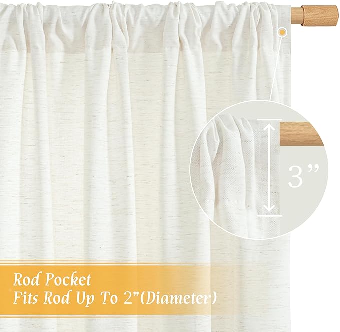 LAMIT Natural Linen Curtains 72 inch Length for Bedroom, Faux Linen Textured Light Filtering Drapes Rod Pocket Boho Window Treatment Panels for Farmhouse/Living Room, 2 Panels, 52 x 72 Inch