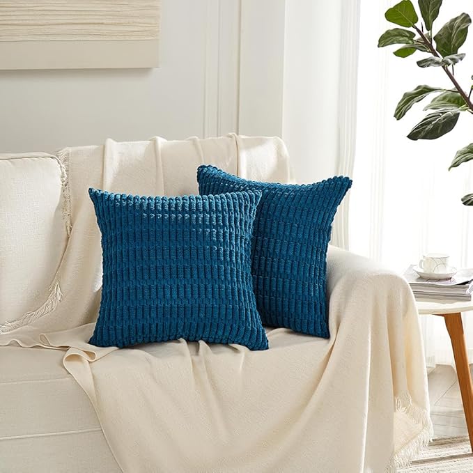 Fancy Homi 4 Packs Teal Decorative Throw Pillow Covers 20x20 Inch for Living Room Couch Bed Sofa, Rustic Farmhouse Boho Home Decor, Soft Striped Corduroy Square Cushion Case 50x50 cm