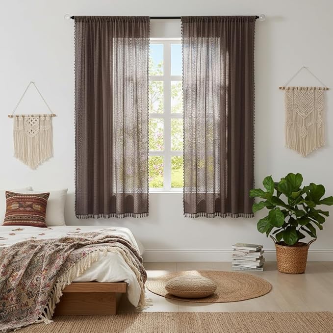 WAZZIO Boho Lace Curtains 63 Inches 2 Panel,Light Filtering Privacy Tassel & Geometry Crochet Semi Sheer Curtain Drapes for Bedroom Living Dining Room,Rod Pocket & Tassel,Chocolate Brown