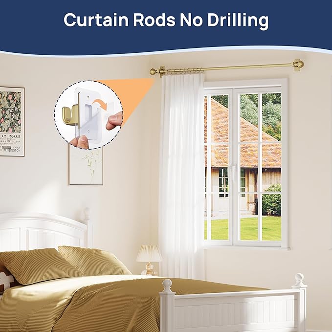 ENJOYBASICS No Drill Curtain Rods for Window 28 to 60 Inches, 5/8 Inch Diameter Renter Friendly Drapery Rod with Adhesive Brackets without Drilling, Adjustable from 27 to 65 Inches, Gold