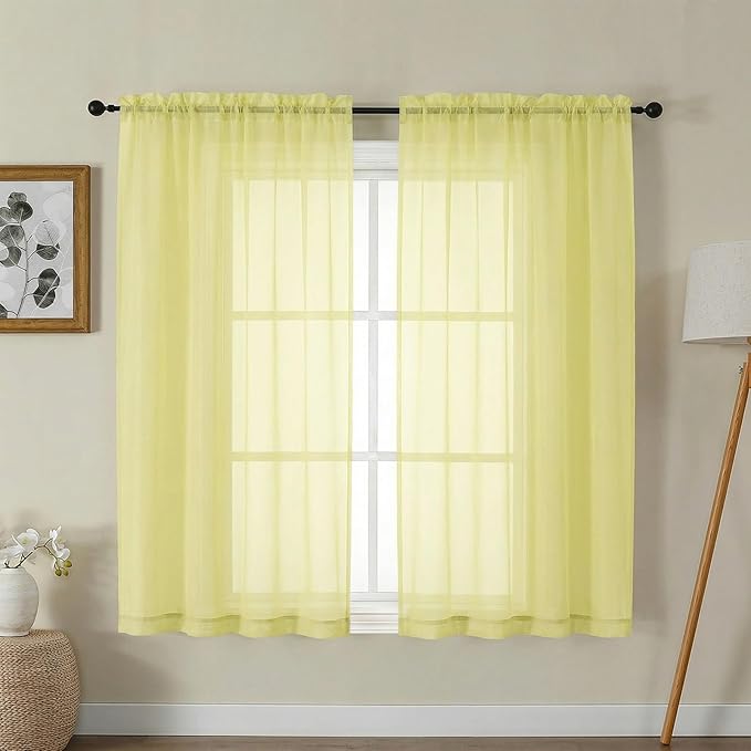 Gwine Sheer Curtains for Bedroom 54 inches Long - Light Filtering Voile Window Curtain Panels, Airy Transparent Rod Pocket Sheer Drapes for Living Room, Each 42Wx54L, 2 Panels, Lemon