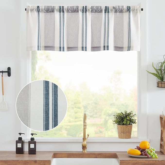 jinchan Striped Valance Farmhouse Window Treatment Linen Textured Drapes for Small Windows Kitchen Living Room RV Vintage Light Filtering Valance 16 Inch Rod Pocket 1 Panel Blue and Grey