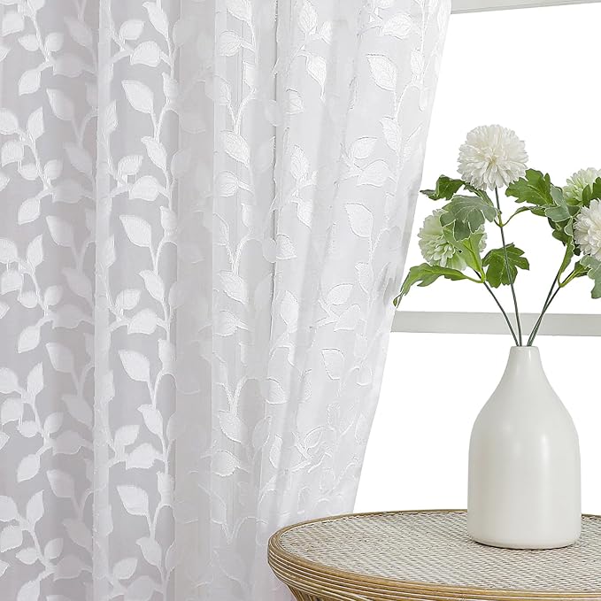 Chyhomenyc White Sheer Curtains 90 Inch Length 2 Panels Set, Light Filtering Tufted Textured Soft Airy Rod Pocket Gentle Leaf Window Treatment Drapes for Bedroom Living Room, 42" Wx90 L, 2PCS