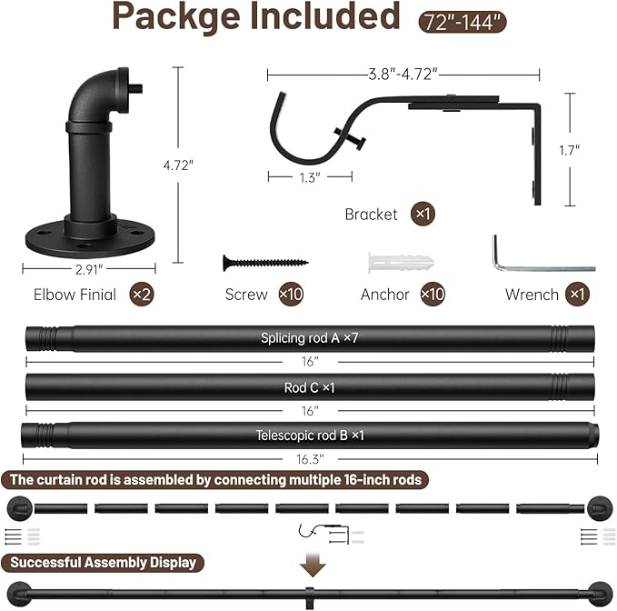 Zeerobee Curtain Rods for Windows 72 to 144, 1 Inch Industrial Wrap Around Black Curtain Rod, Indoor/Outdoor Room Divider Adjustable Drapery Pole, 72"-144"