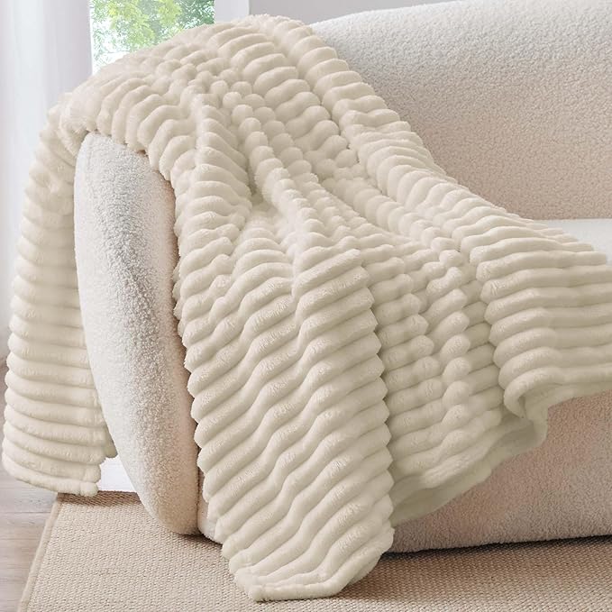 BEDELITE Twin Blanket for Couch & Bed, 300GSM Soft & Warm Fleece Blanket, Decorative and Giftable Striped Beige Blankets for Women, Men, 60"x80"