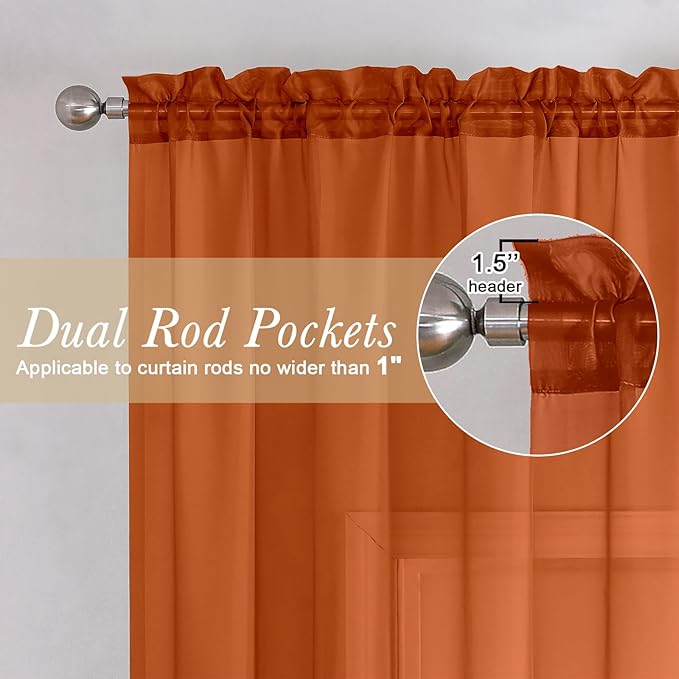 Lecloud Orange Sheer Curtains 54 Inch Length 2 Panels, Voile Light Filtering Curtains for Bedroom with Rod Pocket, Breathable Gauzy Drapes for Basement Bathroom, Each Panel 42 X 54 Inch