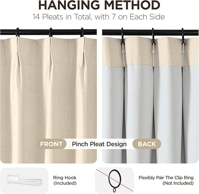 Joydeco Pleated Curtains for Living Room Bedroom, Linen Drapes 90 inch Length 2 Panels Set, Blackout Thermal Insulated Curtain(Bleached Sand,40'' Wx90'' L)