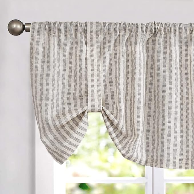 jinchan Tie Up Linen Textured Striped Bow Tie Curtain for Kitchen Bathroom Rod Pocket Pinstripe Valance Window Treatments Ticking Stripe Pull Cord Valance 1 Panel 18 Inch Taupe Grey on Linen