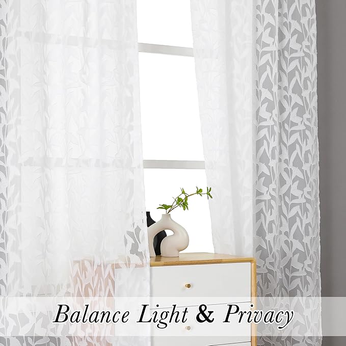 Lecloud Leia White Sheer Curtains 78 Inches Long 2 Panels, Privacy Airy Voile Jacquard Leaf Textured Curtains, Dual Rod Pockets Farmhouse Drapes for Living Room Bedroom Dining Room, 42" W x 78" L