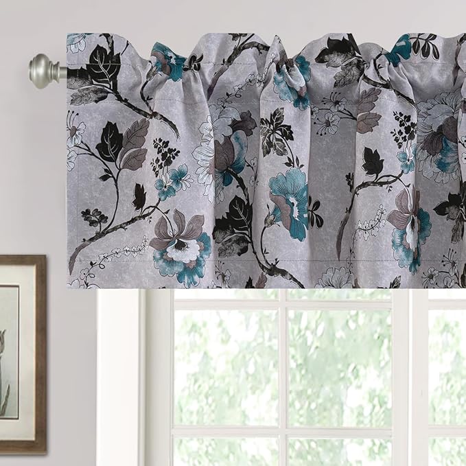 H.VERSAILTEX Blackout Curtain Valances for Kitchen Window/Living Room/Bathroom Privacy Added Rod Pocket Home Decoration Winow Valance, 52" W x 18" L, Floral in Grey and Teal