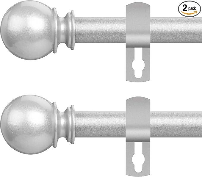 Curtain Rods for Windows 28 to 48 Inch, 2 Pack 5/8'' Diameter Heavy Duty Metal Adjustable Small Curtain Rod With Bracket(Silver)