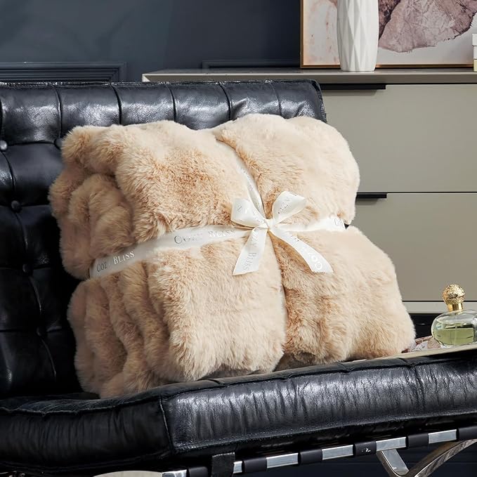 Cozy Bliss Faux Fur Throw Blanket for Couch, Fuzzy Soft Plush Thick Bubble Blanket for Sofa Bedroom Living Room, 60 * 80 Inches Beige