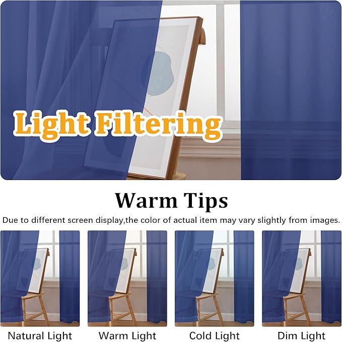 Gwine Royal Blue Sheer Curtains for Living Room 45 inches Long, Short Voile Light Filtering Window Treatments Sheer Curtains for Bedroom, Half Window Drapes with Rod Pocket, Each 42" Wx45 L