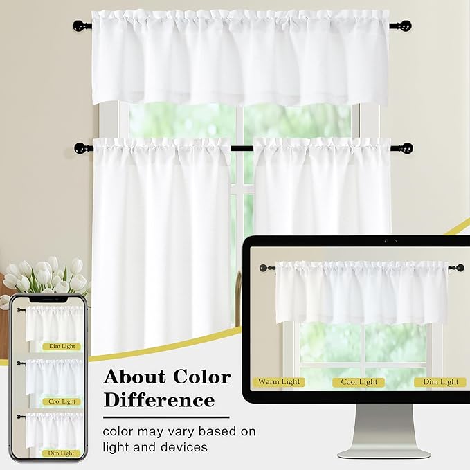 White Valances for Windows, Light Filtering Faux Linen Textured Small Short Window Curtain for Bathroom Basement Farmhouse, Rod Pocket Top Half Curtains for Windows, 60Wx14L Inch