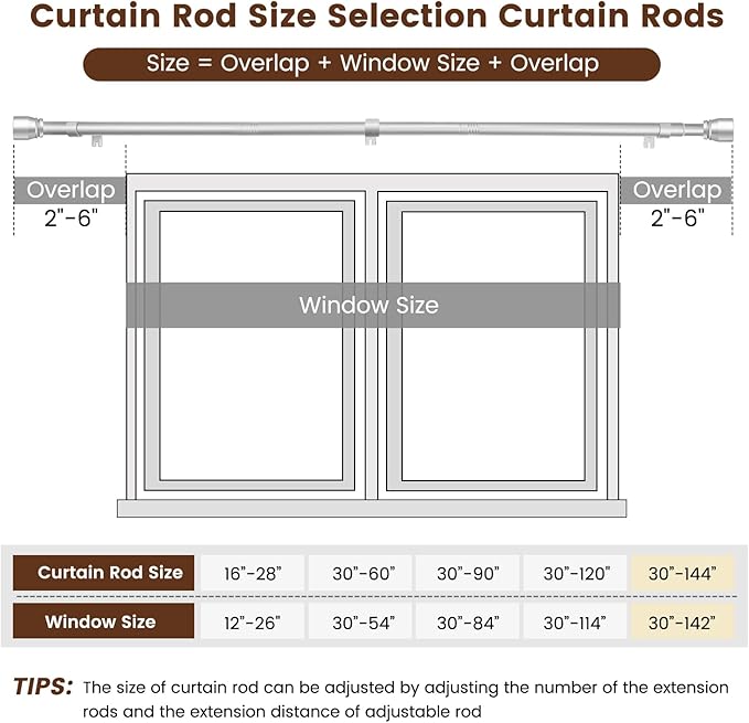 Hradecti Silver Curtain Rod 30-144 inch 2 Pack, Fit 30 to 142, 66 to 120 inch Windows, 1 Inch Diameter Heavy Duty Adjustable Telescopic Rod