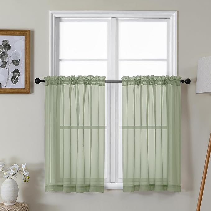 Gwine Sage Green Sheer Kitchen Curtains 36 Inch Length, Light Filtering Voile Soft Airy Small Cafe Curtains, Short Window Curtain for Bathroom Basement, 42x36 inch, 2PCS