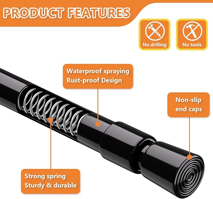KXLife 4 Pcs Spring Tension Curtain Rod Adjustable 28 to 40 Inches, 5/8" Diameter, Black, Expandable Spring Loaded Tension Rods For Window No Drilling