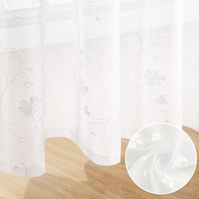 HOMEIDEAS White Sheer Curtains 84 Inches Long 2 Panels White Embroidered Floral Pattern Semi Sheer Window Curtains for Bedroom Living Room