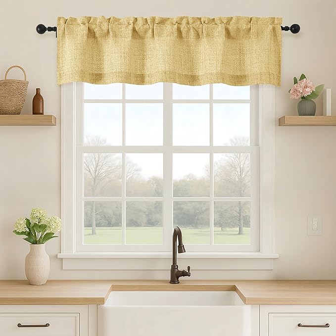 OVZME Valance for Windows, Light Filtering Faux Linen Textured Small Short Valance Kitchen Curtain, Dual Rod Pocket Top Short Window Curtain for Bathroom Basement Farmhouse, 52Wx12L Inch, Gold