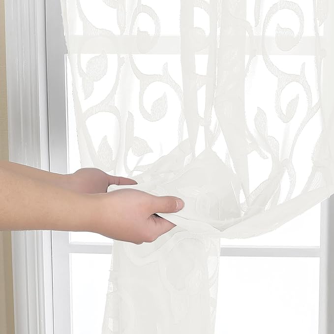 OWENIE Furman Ivory Sheer Curtains 90 inches Long for Bedroom Living Room 2 Panels Set, Light Filtering Soft Semi Sheer Jacquard Clip Farmhouse Curtains Rod Pocket Design, 52Wx90L inch