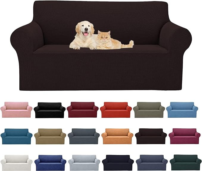 Cupuamon 2026 New Stretch Loveseat Sofa Slipcovers Couch Cover for 2 Cushion Furniture Protector Sofa Covers with Elastic Bottom Jacquard Fabric Small Checks for Pets, Kids - Chocolate