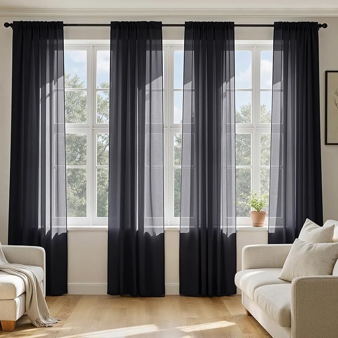 MIULEE Black Sheer Curtains 108 Inches Long, 4 Panels Set, Light Filtering Halloween Rod Pocket Voile Drapes for Living Room and Bedroom, Airy Soft Fabric Window Treatments, 42 x 108 Inches