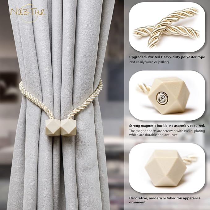 NazTur Magnetic Curtain Tiebacks- Upgrade 2022 with a Thicker Twist Rope and Strong Magnet Tieback Window Treatment Holdbacks Draperies Holders Decorative Drape Handmade Curtain Tie Back (Beige, 2)