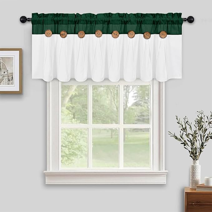 FRAMICS Farmhouse Valance Curtains, Boho Cotton Linen Kitchen Valance, Green Rustic Button Window Valances for Kitchen Bathroom, Country Rod Pocket Valances for Windows, Green and White, 52 x 18 Inch