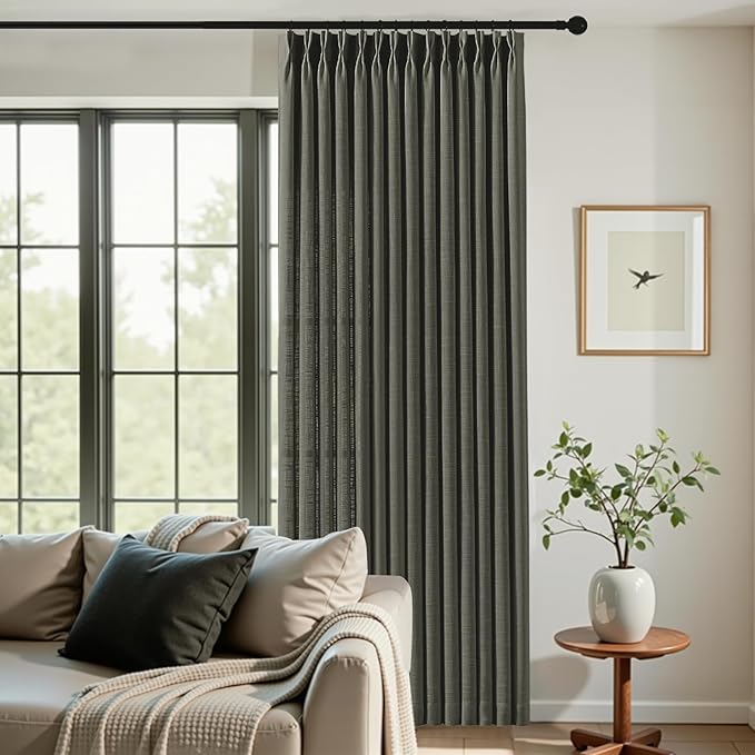 Pinch Pleated Curtains 90 Inch Length for Living Room, Semi Sheer Linen Pleated Curtain with Hooks Rings Light Filtering Back Tab Drapes for Bedroom Dining Room, 40x90, Charcoal Grey, 2 Panels
