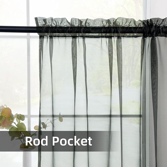 youleyar Solid Sheer Rod Pocket Curtain Voile Draperies 2 Panels White Beige Black Grey Coffee 70 Inch Width 96 Inch Long 1 Pair for Kitchen Bedroom Children Living Room Yard(Black,70Wｘ96L)