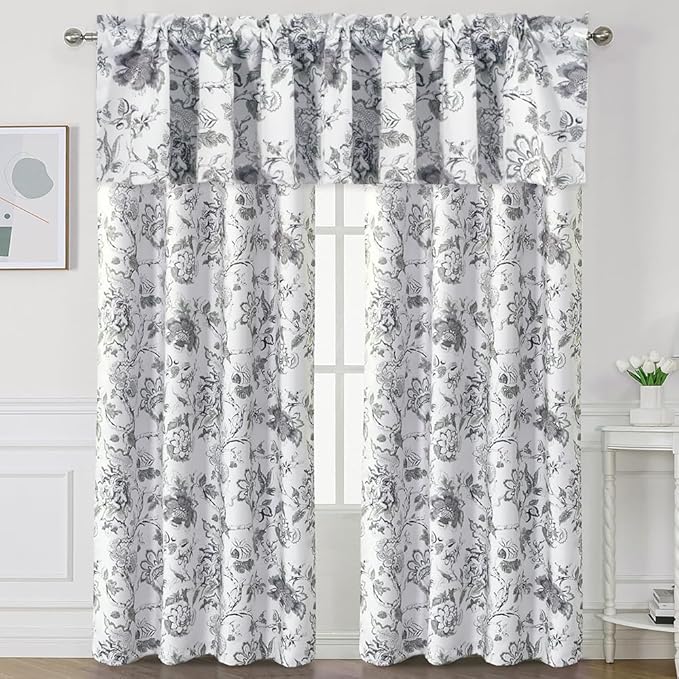 H.VERSAILTEX Blackout Curtain Valances for Kitchen Window/Living Room/Bathroom Privacy Added Rod Pocket Home Decoration Winow Valance, 52" W x 18" L, Floral in Antique Green (Pack of 4)
