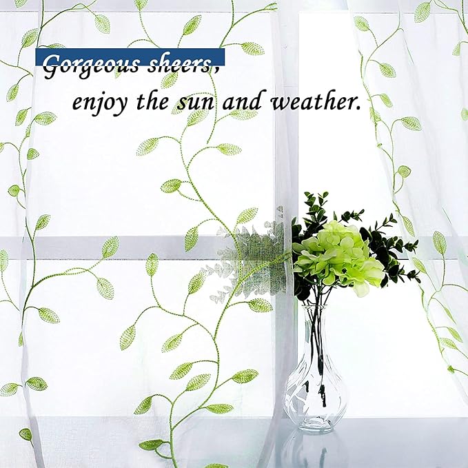 MRTREES Sheer Curtain Valance Rod Pocket, 2 Panels Leaves Embroidered Christmas Valance for Windows, Living Room Small Window Curtain Toppers for Kitchen/Basement/Bathroom(Green Leaves, 54"x16")
