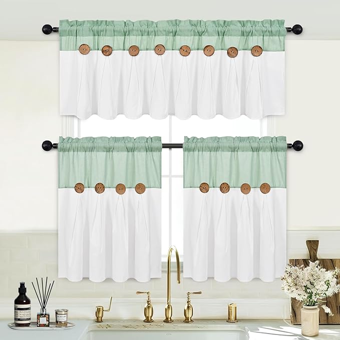 FRAMICS Boho Kitchen Curtains 24 Inch Length, Farmhouse Cotton Linen Tier Curtains, Rustic Button Short Curtains for Windows, Sage Green Country Cafe Curtains, Rod Pocket Small Window Curtains, 26x24