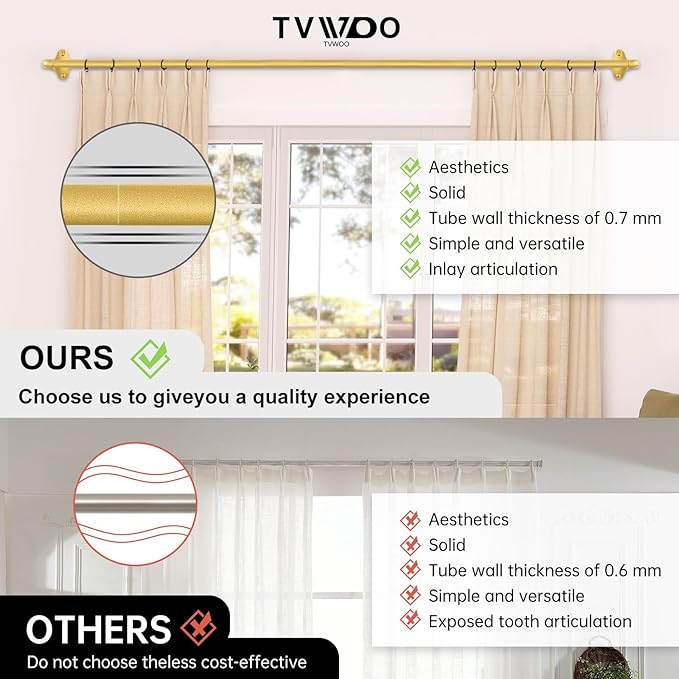 TVWOO Gold Wrap Around Curtain Rods:5/8" Small Blackout Adjustable Window Curtain Rod for Bedroom Kitchen Apartment Renter Friendly,Room Darkening Curved Drapery Rods Easy Install,Brass Golden 36-72"
